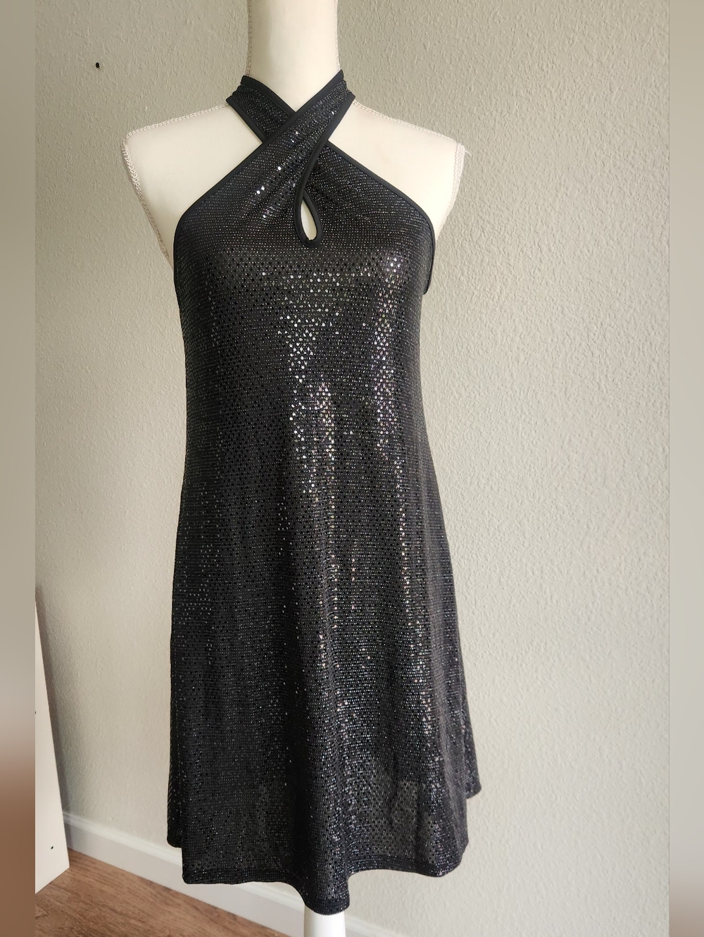 Black Sequin Halter Dress with Keyhole Neckline